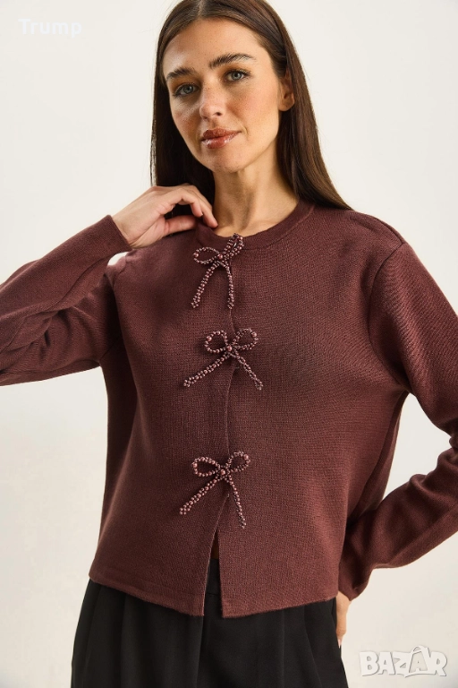  Стилна блуза, панделки от перли, бордо, кафяво, екрю, снимка 1
