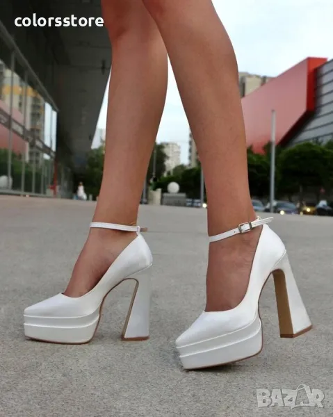 Обувки на ток - бял сатен - VT2, снимка 1