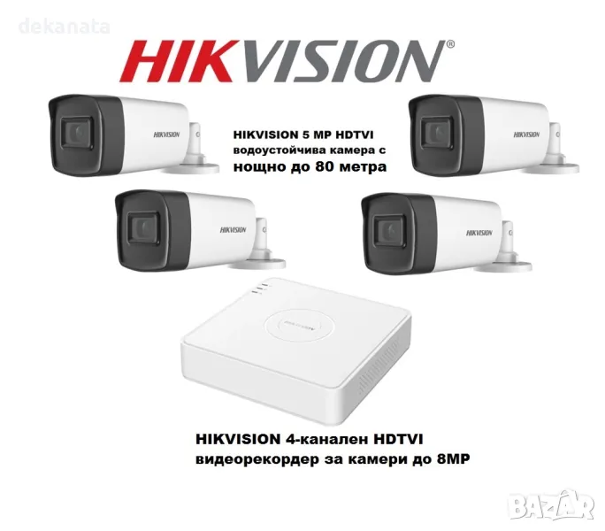 TURBO-HD HIKVISION 5мр Комплект с Кристална картина - DVR + 4 камери с нощно до 80 метра, снимка 1