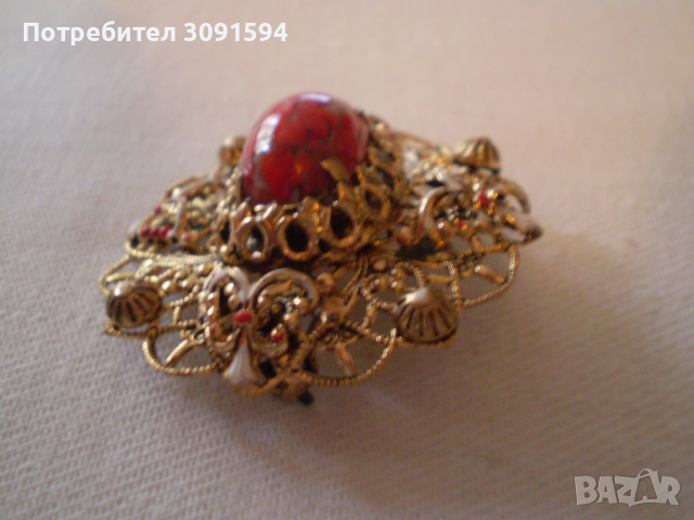 Винтич брошка филигран с червено многоцветно стъкло, снимка 7 - Антикварни и старинни предмети - 36409612