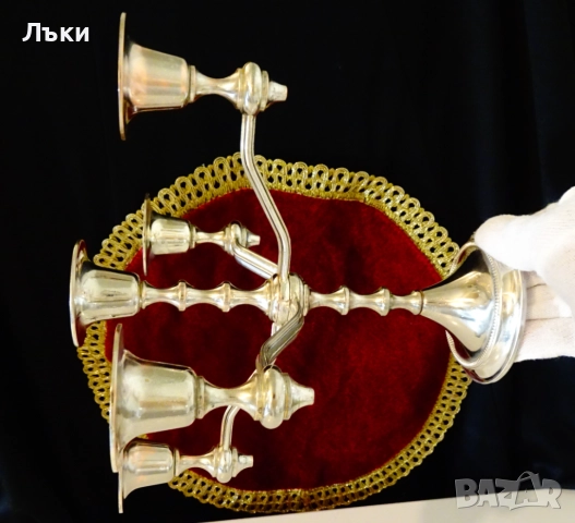 Посребрен свещник петица,чиста мед,21 см. , снимка 4 - Антикварни и старинни предмети - 52067330