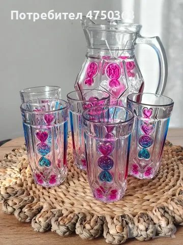 Цветна стъклена кана в комплект с 5 чаши