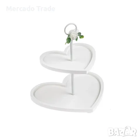 Декоративен дървен поднос, 2 нива, Бяло във формата на сърце, Mr&Mrs, снимка 2 - Аксесоари за кухня - 49533866