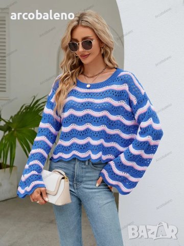 Дамски моден пуловер с дълги ръкави и кръгло деколте на райета, 3цвята - 023 , снимка 6 - Блузи с дълъг ръкав и пуловери - 42304853