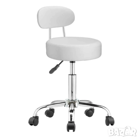 Козметична табуретка с облегалка - Бяла медицинска табуретка с колелца