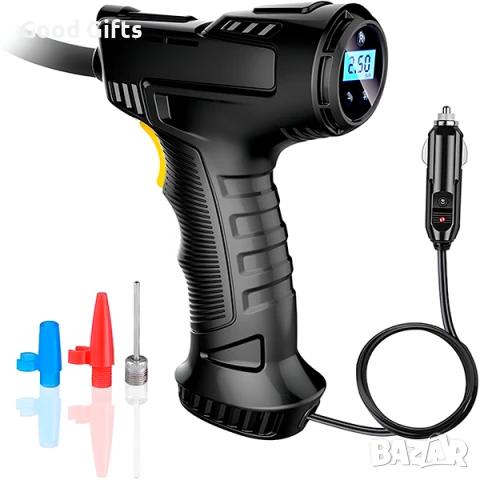 Цифров въздушен компресор за автомобил – LED дисплей, 12V, с LED светлина и дюзи, снимка 7 - Аксесоари и консумативи - 51251144