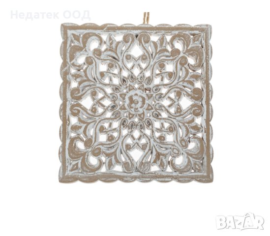 Стенен декор, Етническа дърворезба, Матирано бяло дизайнерско цвете, 19,5x19,5 см