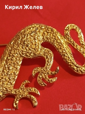 Позлатена текстурирана брошка с ДРАКОН винтидж 33557, снимка 3 - Други - 52573409