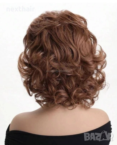 Къса дамска къдрава кафява синтетична перука с бретон, снимка 2 - Аксесоари за коса - 52821443