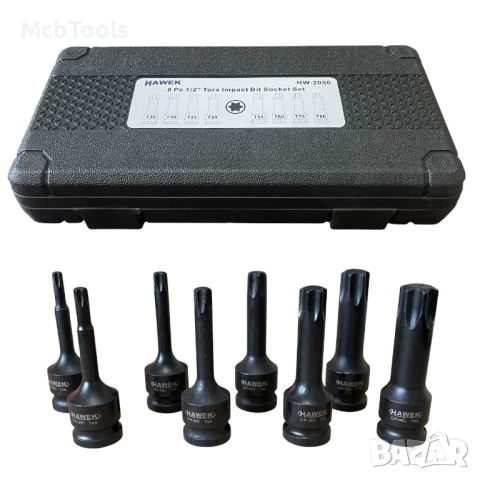 Комплект ударни торкс битове 1/2″ – 8 части HAWEK