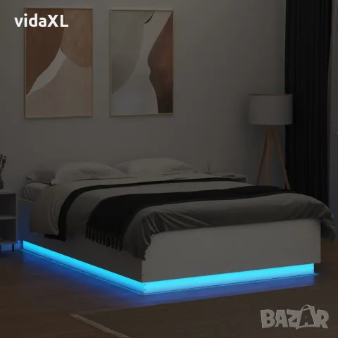 vidaXL Рамка за легло с LED осветление бяла 150x200 см инженерно дърво, снимка 4 - Спални и легла - 56146771