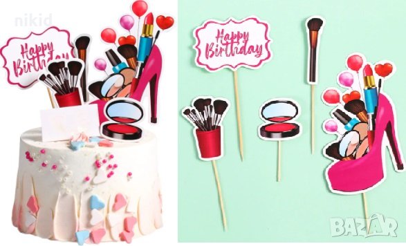6 бр Козметика сенки в обувка Happy Birthday топер клечки картон декор украса за торта рожден ден, снимка 2 - Други - 30317896