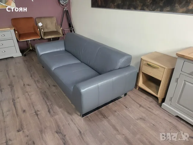 Сив кожен диван тройка, снимка 10 - Дивани и мека мебел - 56549019
