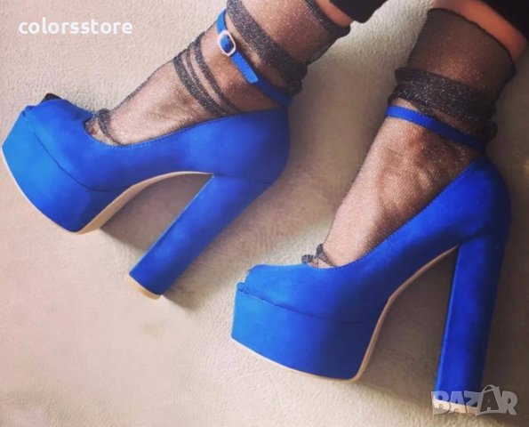 Обувки на ток - син велур - FS1542, снимка 2 - Дамски обувки на ток - 37509489