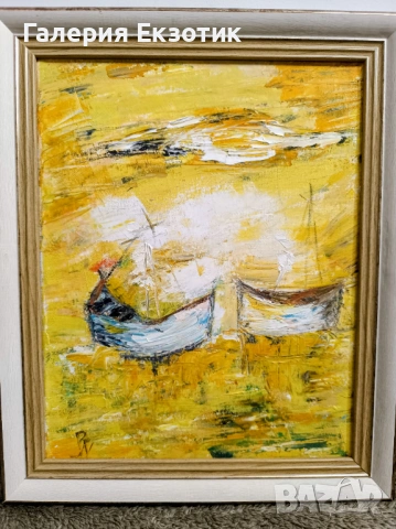 Маслена картина "Абстрактни лодки" с авторско стихче към нея