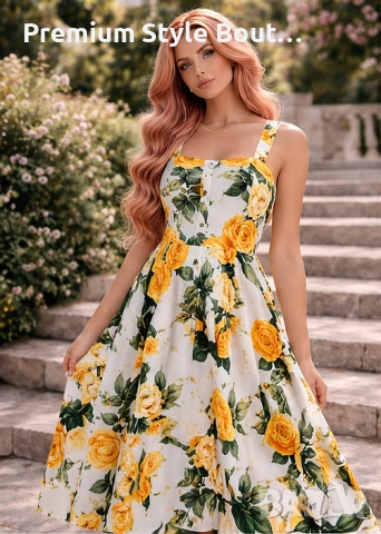 Дамска миди рокля с жълти рози D&G – ретро елегантен флорален модел, снимка 7 - Рокли - 54003815