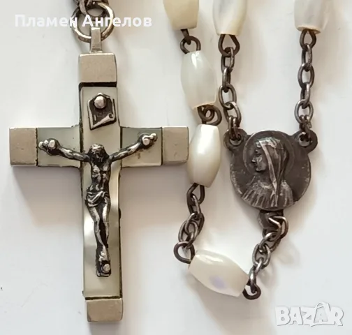 Антикварен френски католически розарий (броеница) със седеф. , снимка 4 - Антикварни и старинни предмети - 55880769