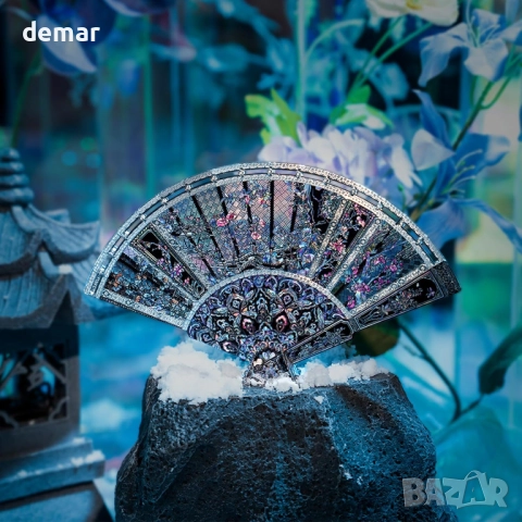 Метален 3D пъзел Piececool - сгъваемо ветрило с шарен абажур от седеф, 46 части, снимка 4 - Пъзели - 52097645