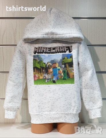 Нов детски суичър в цвят бял меланж с дигитален печат MINECRAFT