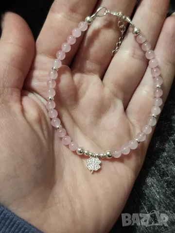 Дамска гривна с розов кварц и сребърна детелина с циркони, снимка 5 - Гривни - 48291170