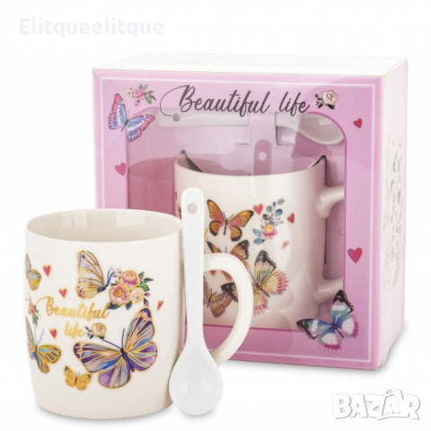 Комплект керамична чаша с лъжичка и чинийка, снимка 2 - Чаши - 52188625