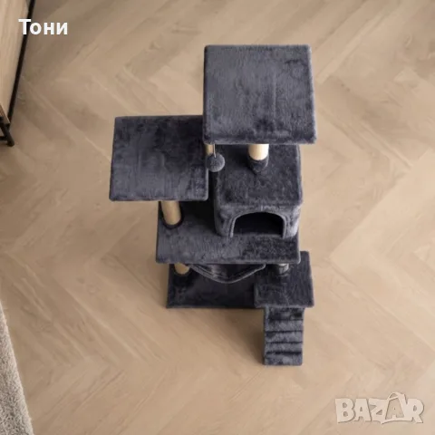 Котешка драскалка с къщичка, хамак и рампа, 125 см, тъмносива, снимка 2 - За котки - 56109413