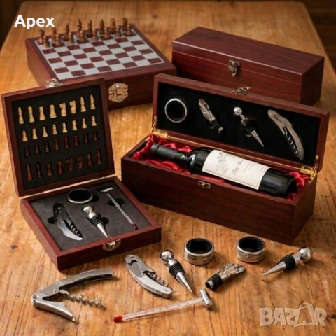 Луксозен Подаръчн Сет за Вино в Дървена Кутия с Аксесоари.Сет за Вино. Подаръчна Кутия за Вино и Шах