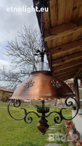 Голям полилей съчетание от дърво, ковано желязо и метален капак с орнаменти , снимка 6 - Лампи за таван - 53965476