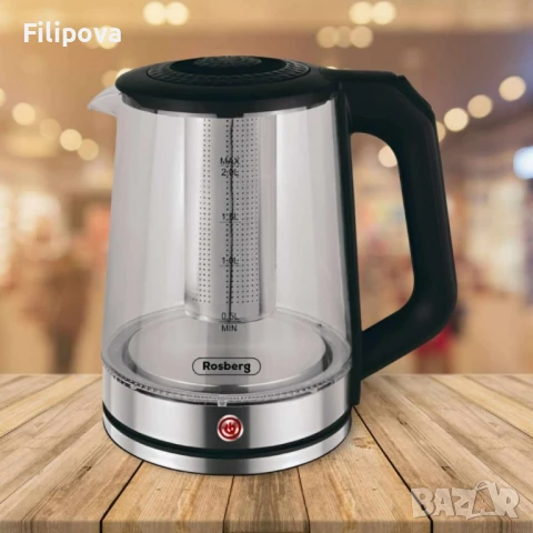 Електрическа стъклена кана с филтър от неръждаема стомана Rosberg, 1500W,2L, 2 ГОДИНИ ГАРАНЦИЯ, снимка 2 - Кани - 47723433