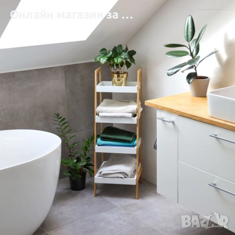 Етажерка 4 рафта МДФ бял естествен бамбук, 98*36*34см, снимка 8 - Етажерки - 53380605
