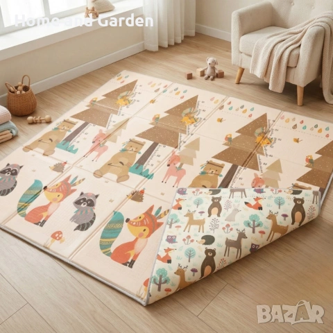 Двулицев образователен детски килим Горски животни 180 х 200 см - водоустойчив, сгъваем, снимка 2 - Образователни игри - 53997312