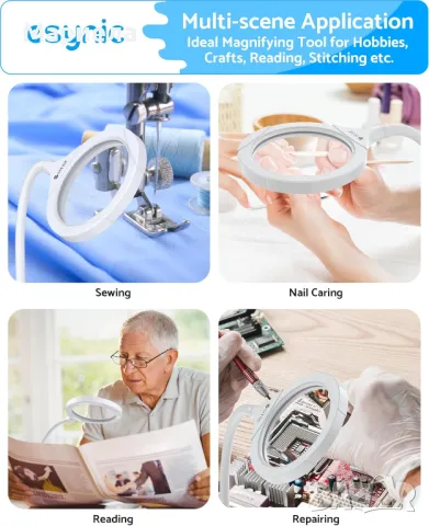 Увеличителна лампа eSynic / Акумулаторна Лампа с Лупа / Лампа за Четене, снимка 6 - Други - 49663020