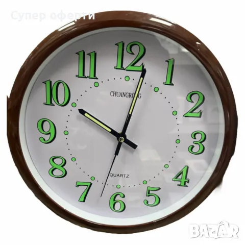 Стенен светещ часовник – Кръгъл, кафяв, безшумен / 30см, снимка 2 - Стенни часовници - 49941962