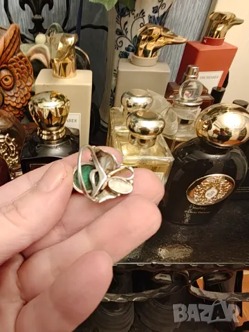 Стар сребърен пръстен с естествен малахит, снимка 5 - Пръстени - 48604401