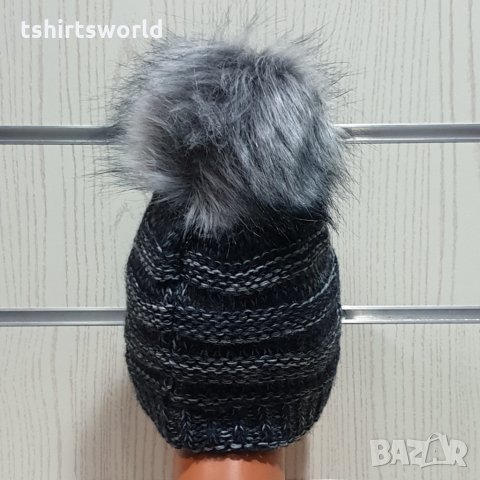 Нова дамска плетена шапка тъмносин меланж с помпон/пух, снимка 10 - Шапки - 30963365
