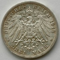 Монета Прусия 3 Марки 1913-A  Вилхелм II, снимка 2 - Нумизматика и бонистика - 37898928