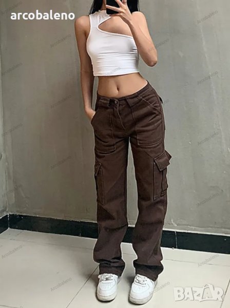 Модерни дамски карго панталони с ниска талия и джобове - 023, снимка 1