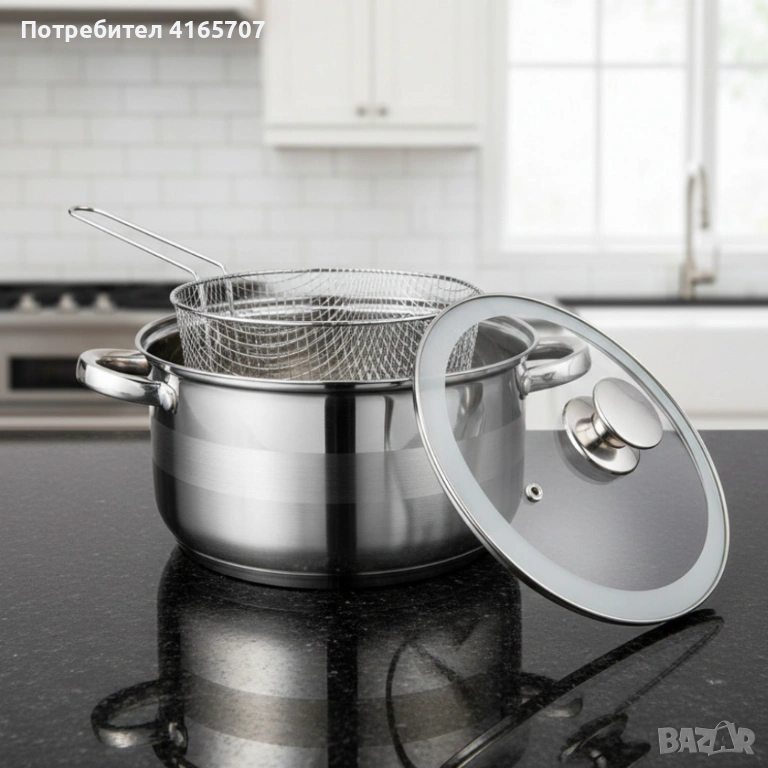 Тенджера с кошница за пържене и стъклен капак Cheffinger  Ø24 см – инокс, 6,5 л, за всички котлони, снимка 1