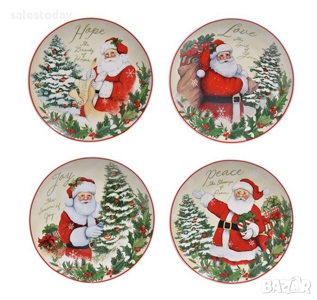Празничен Комплект Чинии, Коледни чинии, порцелан, Дядо Коледа/ Подаръци, 19 см, 4 бр., снимка 1