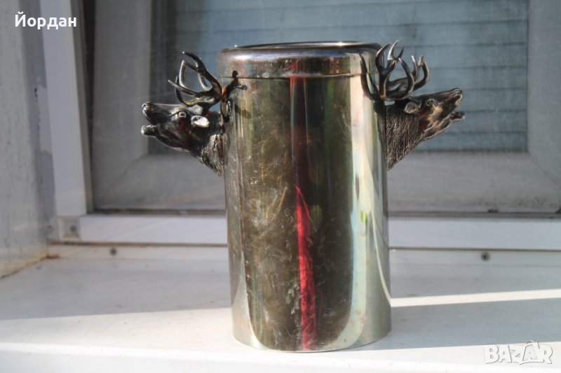 Съд с ловни мотиви Месинг/Посребрен с порцелан , снимка 1