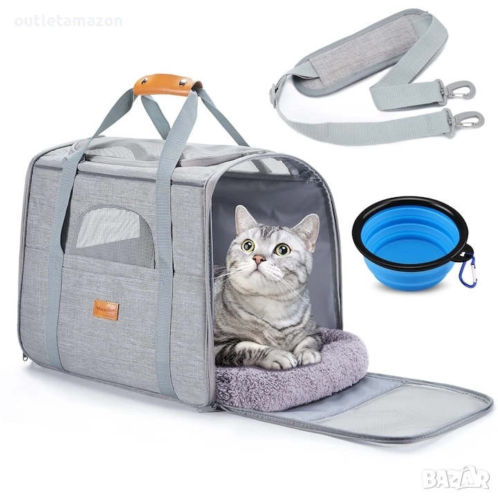 Транспортна чанта за животни, сгъваема, с включена дишаща клетка и купа, светло сива, 44x31x34см, снимка 1