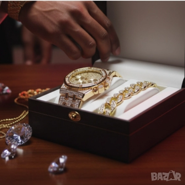 Универсален комплект часовник и гривна с кубинска плетка, снимка 1