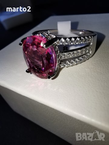 Сребърен 925 Пръстен с родиево покритие и красив натурален Розов Топаз и Циркони!, снимка 7 - Пръстени - 42062878