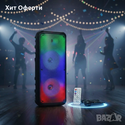 Безжична RGB тонколона – 2×8″ говорителя, Bluetooth, 1200 W, батерия 3000 mAh