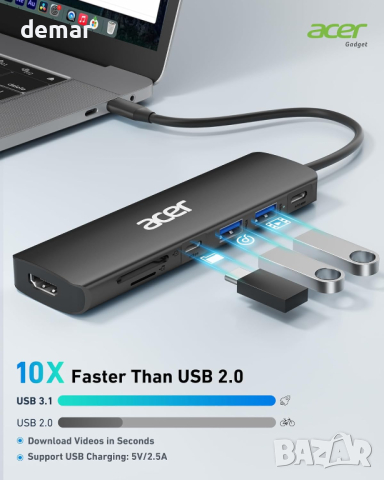 Acer USB C Hub, 7 в 1 USB C към 4K HDMI, 2 USB 3.1, Type-C, PD 100W, четец на SD карти, снимка 4 - Кабели и адаптери - 44518431
