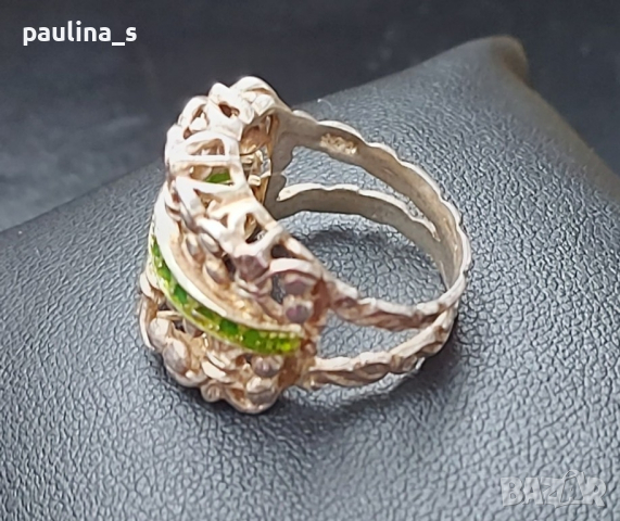 Винтидж / Стар семеен сребърен пръстен със зелен емайл / проба 925 , снимка 4 - Пръстени - 44581893