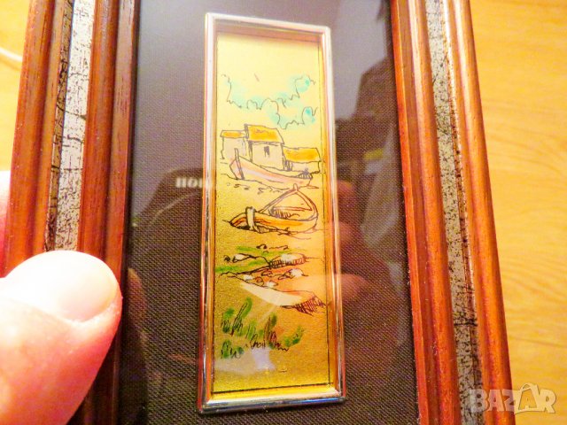 Старинна златна картина рисувана върху златно фолио - Две лодки и къщи - с маркировка за злато , снимка 2 - Декорация за дома - 38509994