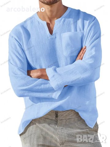 Мъжка ежедневна плажна риза с V-образно деколте и дълги ръкави, 6цвята - 024, снимка 5 - Ризи - 39731757