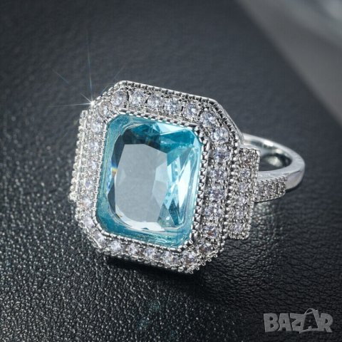 Пръстен с аквамарин и циркони, снимка 2 - Пръстени - 42132967