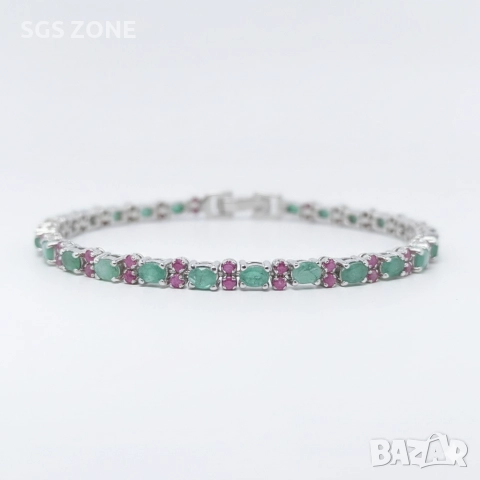 Ръчно изработена сребърна гривна със зелен СМАРАГД и Рубини 